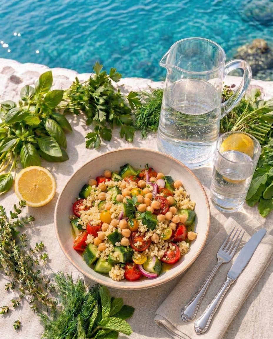 A flat lay of a chickpea and quinoa salad with fresh herbs on linen by a turquoise sea